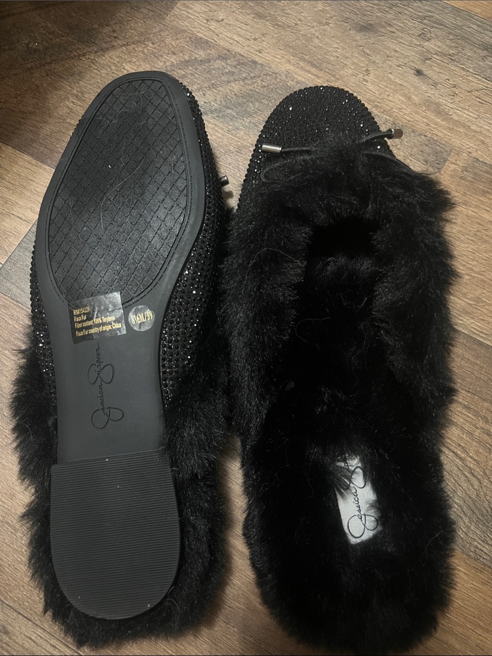 Jessica Simpson Black Faux Fur Crystal-Trim Slip-On Slippers
